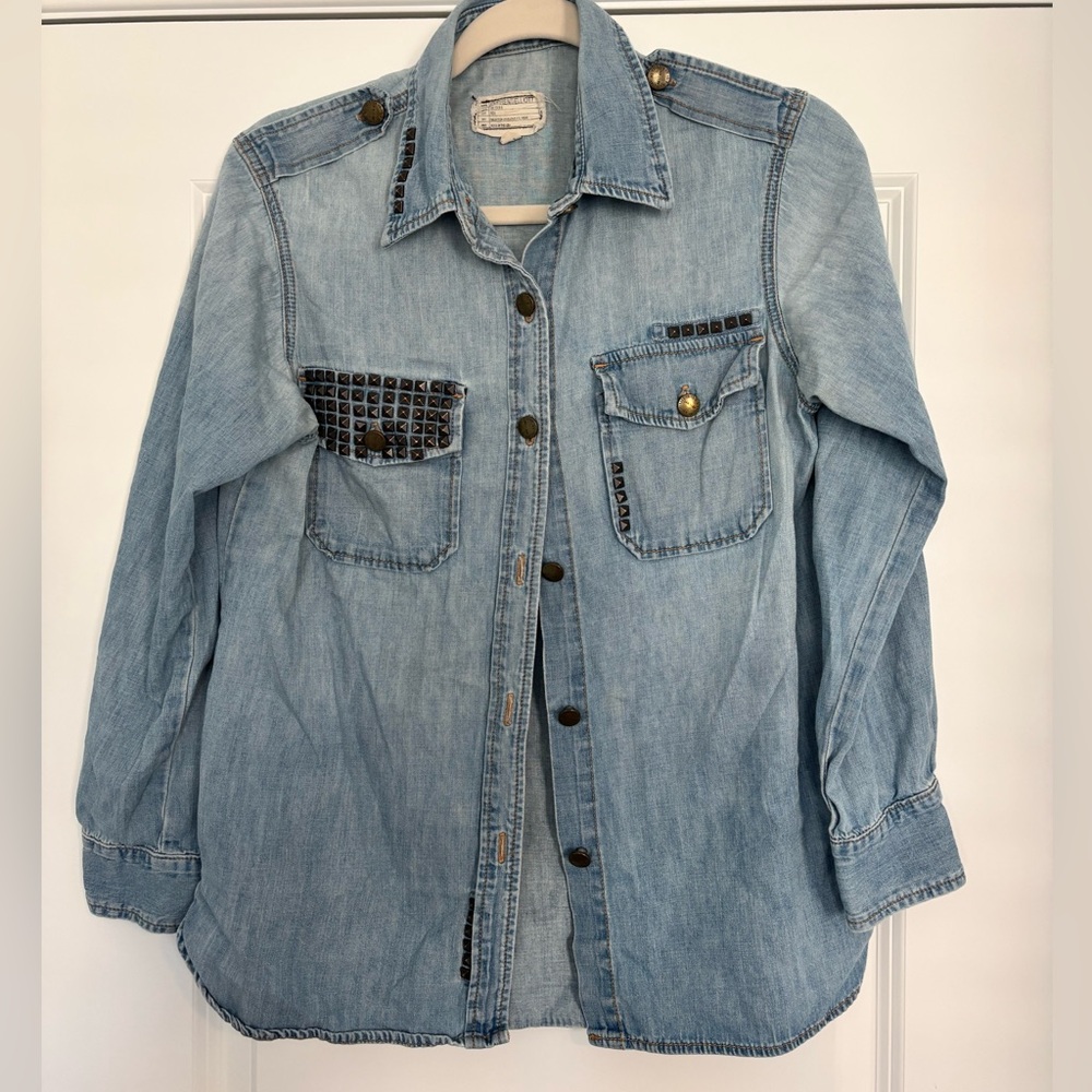 Current/Elliott Edgy Bikercore Glamrock Studded Denim Shirt
